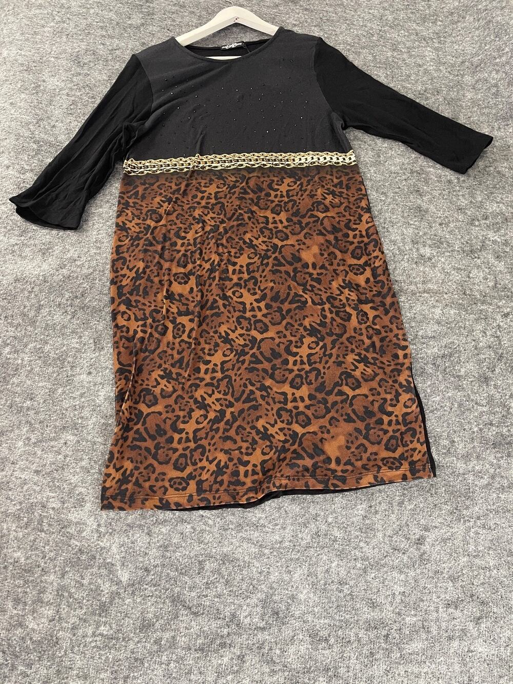 Red Apple Sweater Dress Womens 2XL Shift Beaded Leopard Black Knit N330